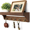 Rebee Vision Farmhouse Key Holder for Wall - Decorative Wooden Mail Organizer with 5 Rustic Key Hooks and Floating Shelf for Home Decor, Hallway, Entryway, Appartment (Retro Brown) by CozyNest Decor