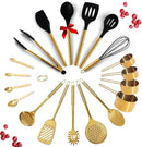 Black and Gold Kitchen Utensils Set - 19-PC Set Includes Stainless Steel and Silicone Cooking Utensils, Measuring Cups and Spoons - Black and Gold Kitchen Accessories for Stylish Cooking & Serving by CozyNest Decor