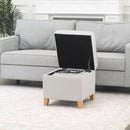 Adeco 17.5" Square Fabric Ottoman with Storage - Upholstered Cotton Linen Foot Rest - Flip Top Footstool with Sturdy Wood Legs, Small Cube Coffee Table Extra Seat for Living Room, Bedroom, White by CozyNest Decor
