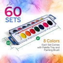 Bedwina Watercolor Paint Set- Bulk of 60 Sets - 8 Water Color Washable Paints, Palette Tray and Painting Brush, for Art Schools and Paint Party Supplies by TinyTreasures Baby Boutique
