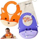 Silly Goose Set of 2 Silicone Baby Bibs, for Babies and Toddlers, Waterproof, Adjustable, Soft, Extra Wide Food Catcher Pocket, Animals (2PK Fox+Hippo) by TinyTreasures Baby Boutique