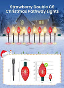 Double C9 Christmas Pathway Lights Outdoor - 2 Pack 13.5Ft 10 LED With 10 Marker Stakes for Walkway, Waterproof Plug-in C9 Strawberry Christmas Decorations for Driveway, Red & Warm White by GreenHaven Gardens