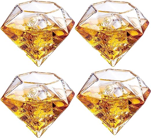 Set of 4 Diamond Whiskey & Wine Glasses 10oz - Wine, Whiskey, Water, Diamond Shaped, Diamonds Collection Sparkle Patented Wine Savant - Stands Alone, Or on Stand