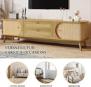 Merax Modern Fluted TV Stand for 75" TVs, Mid-Century Entertainment Center Tambour Door Media Console TV Cabinet with Rattan-Front Drawer for Living Room, Curved Profile Design by CozyNest Decor