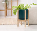D'vine Dev Ceramic Planter with Natural Stand - 8 Inch Modern Round Flower Pot with Wood Planter Holder, Teal, 55-B-N-4 by CozyNest Decor