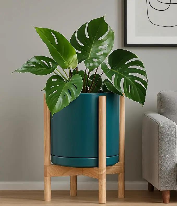 D'vine Dev Ceramic Planter with Natural Stand - 12 Inch Modern Round Flower Pot with Wood Planter Holder, Teal, 55-B-J-4, photo 7 of 7