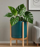 D'vine Dev Ceramic Planter with Natural Stand - 12 Inch Modern Round Flower Pot with Wood Planter Holder, Teal, 55-B-J-4 by CozyNest Decor