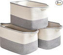 Cotton Rope Storage Basket Set of 3 (15"x10.2"x9.1") - Rectangle Storage Bins - Versatile Toy Storage Organizer - Perfect for Kids, Dog Toys, Books, Shelves - White & Grey by TinyTreasures Baby Boutique