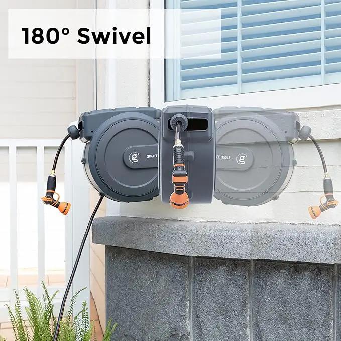 Giraffe Tools Metal Retractable Hose Reel 130 FT Wall Mounted Heavy Duty Hose Reel with 9 Pattern Nozzle 180 Deg Swivel, Metal Bracket Any Length Lock (1/2 130FT PRO, Dark Grey), photo 4 of 7