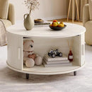 Round Coffee Table with Storage, 31.5" Modern Coffee Table with 360° Curved Sliding Door, Fluted Wood Coffee Table with Adjustable Footpads, Round Center Table for Living Room, Natural White by CozyNest Decor