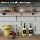 Olive Oil Dispenser Bottle - Includes 55 Kitchen Essential Labels - Cooking Oil Bottles for Kitchen, Coffee Syrup Dispenser - Pourer Spout with 11.8 fl oz Glass Container Cruet - 4pcs, Black by CozyNest Decor