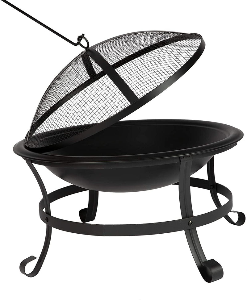 22-Inch Outdoor Wood-Burning BBQ Grill Fire Pit with Round Mesh Spark Screen Cover