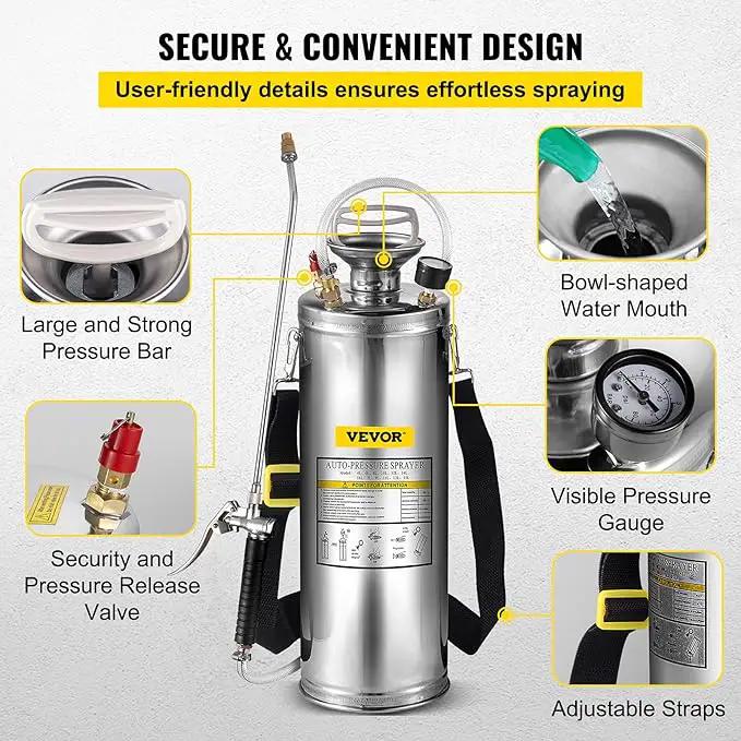 Happybuy 3 Gallon Stainless Steel Sprayer, 20" Wand & 3FT Reinforced Hose, Hand Pump Sprayer with Pressure Gauge, Safety Valve & Adjustable Nozzle, Weed Sprayers for Lawn, Gardening & Sanitizing, photo 5 of 9