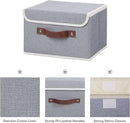 ANMINY 4PCS Storage Bins with Lid PU Leather Handles Storage Boxes PP Plastic Board Decorative Foldable Lidded Cotton Linen Fabric Home Cubes Baskets Closet Organizer Containers - Gray, Small Size by CozyNest Decor