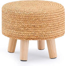 Handwoven Round Ottoman, Natural Water Hyacinth Outdoor Patio Pouf Seagrass Low Stool with Wood Legs, Soft Padded Footrest for Living Room Bedroom Garden, Natural by CozyNest Decor
