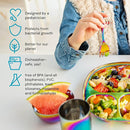 Ahimsa Stainless Steel Kids Dinnerware Set - 5 Piece Stainless Steel Toddler Plates and Bowls Set, Pediatrician Designed, Non Toxic Toddler Plate and Bowl, Kids Utensils and Cup (Rainbow) by TinyTreasures Baby Boutique