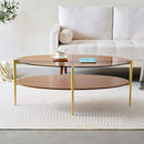 Oval Glass Coffee Table, Mid-Century Modern Design, L43 x W22 x H17 inch, 2-Tier Structure, Olive Shaped Amber Glass Top and Walnut Finish Wood Shelf, Tapered Legs with Gold Finish Frame by CozyNest Decor