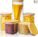 Multi Size - 5 Pack Square Glass Jars with Bamboo Lids, Glass Food Storage Containers with Airtight Lids for Kitchen, Air Tight Pantry Storage Containers for Cereal, Pasta, Rice, Sugar, Coffee, Spice by CozyNest Decor