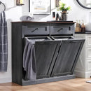 Double Tilt Out Laundry Hamper Cabinet, 20 Gallon Farmhouse Trash Can Cabinet with Drawer, Hidden Wood Garbage Can Bin Cabinet with Laundry Storage Basket for Bathroom, Kitchen, Dark Grey by CozyNest Decor