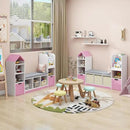 Toy Storage Organizer for Kids Bookshelf with Reading Nook, Multifunctional Kids Bookcase with 7 Storage Cubbies, 2 Movable Drawers and Seat Cushion for Keeping Kids' Toys Books Organized, Pink by CozyNest Decor