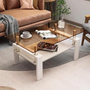 Glass Coffee Table Rectangle Living Room Center Table, with Brown Tempered Glass Tabletop and White MDF Layer,for Living Room and Office, Brown+White by CozyNest Decor