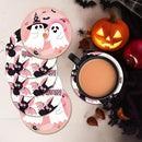 Coaster for Drinks Set of 6, Happy Halloween Cute Ghost Groovy Pink Absorbent Round Ceramic Stone Mat, with Cork Base and Metal Holder, Gift for Housewarming Room Bar Decor by CozyNest Decor