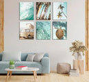 Set of 6 Tropical Beach Canvas Wall Art Surf Poster Summer Ocean Coastal Pictures Turtle Print Palm Tree Surfboard Gallery Paintings Nautical Bus Wall Decor for Bedroom Bathroom Framed by CozyNest Decor