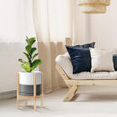 D'vine Dev Ceramic Planter with Natural Stand - 10 Inch Modern Round Flower Pot with Wood Planter Holder, White/Grey, 55-B-K-6 by CozyNest Decor
