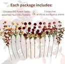 Fall Flowers, Burnt Orange Faux Kiku Flowers Artificial 10 Stems + Eucalyptus, Fake Silk Mums Fall Floral Centerpiece, Autumn Decor, Terracotta Mini Balls Faux Stems For Vase, Decoración de Otoño by CozyNest Decor