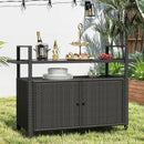 DWVO Patio Bar Table,Outdoor Kitchen Island with Glass Top,Rattan Patio Storage Cabinet with Wheels,Bar Cart for Poolside and Backyard,Black by CozyNest Decor