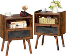 Lerliuo Rattan Nightstands Set of 2, Boho Side Table with Drawer Open Shelf, Cane Accent Bedside End Table with Solid Wood Legs for Bedroom, Dorm and Small Spaces (Brown) by CozyNest Decor