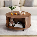 Round Coffee Table with Storage, 31.5" Modern Coffee Table with 360° Curved Sliding Door, Fluted Wood Accent Coffee Table with Adjustable Footpads, Round Center Table for Living Room, Walnut by CozyNest Decor