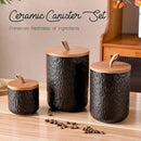 JOJUNO Black Ceramic Canister Set with Wooden Lid, 3-Piece Airtight Food Storage Jars for Kitchen Counter - Flour, Sugar, Coffee, Tea, Spice - Small, Medium, Large Sizes - Stone Texture