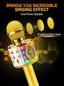 BlueFire 4 in 1 Karaoke Wireless Microphone with LED Lights, Portable Microphone for Kids, Great Gifts Toys for Kids, Girls, Boys and Adults (Gold) by TinyTreasures Baby Boutique