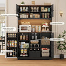 FINETONES 71" Pantry Cabinet with LED Light and Charging Station, Kitchen Pantry Cabinet with Microwave Stand, Kitchen Hutch Food Storage Cabinet with Outlet and Wine Racks, Black by CozyNest Decor