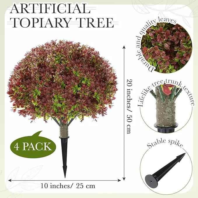 Yunlly 4 Pack 18" Artificial Boxwood Ball Bush Topiary Trees Fake Outdoor Plants, Realistic UV Resistance Faux Shrubs with Spike Greenery Topiary for Front Porch Garden Yard Patio Indoor (Dark Red), photo 2 of 8