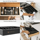 Premium Silverware, Flatware and Utensil Organizer for Kitchen Drawers, Food-Safe Contract Grade, Expandable from 18 to 33 In, Black Bamboo by CozyNest Decor