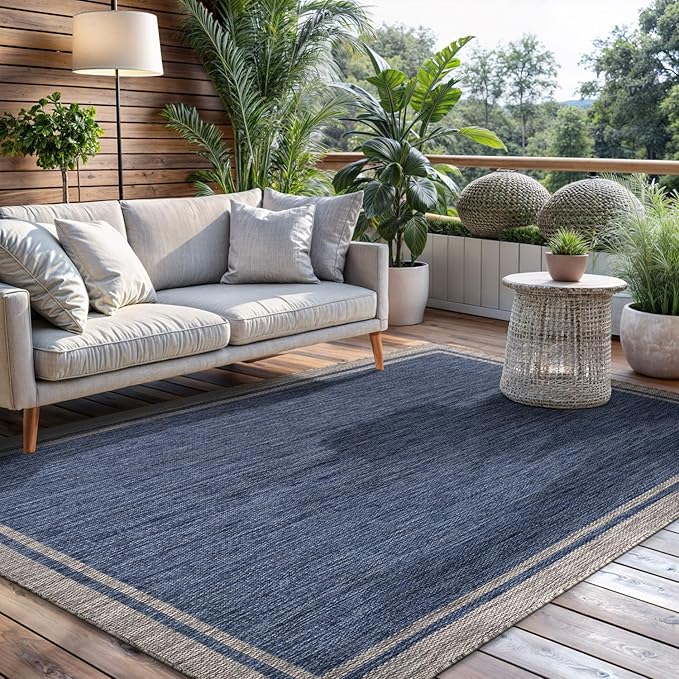 CAMILSON Outdoor Rug, 5x7 Bordered Navy Blue Gray Modern Area Rugs for Indoor and Outdoor Patios, Porches Waterproof Washable Porch Deck Outside Carpet (Bordered Navy, 5 x 7), photo 6 of 9
