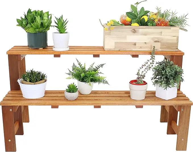 Sunnydaze 2-Tier Meranti Outdoor Wood Plant Stand - Indoor Plant Bench with Teak Oil Finish - 24-Inch, photo 9 of 9