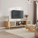 70" Mid Century Modern TV Stand for 55/65/75 Inch TV, Faux Marble Top Entertainment Center with Slatied Sliding Door & LED Lights, Low TV Console with Glass Shelves for Bedroom, Living Room by CozyNest Decor