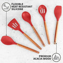 Zulay Kitchen Utensils Set Non-Stick Silicone Cooking Utensils Set with Authentic Acacia Wood Handles - 5 Piece Silicone Utensil Set - Silicone Kitchen Utensils Set with 464°F Heat Resistance - Red by CozyNest Decor
