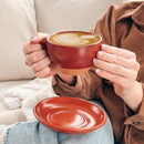 Mora Ceramic Latte Art Mug With Saucer - 10.5 oz, Round Bottom For Perfect Pours - Cafe Cups for Cappuccino, Espresso, Coffee, Tea etc - Porcelain Set for Baristas, Great Gift - Crimson Red by CozyNest Decor