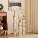 Medhansh Metal Floor Vase, Tall Floor Vase with Gold Twig Pattern, Antique White Finish (Set of 3) by CozyNest Decor