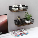MyGift Set of 2 Wire Baskets for Pantry, Wall Mounted or Tabletop Black Metal Baskets for Organizing with Burnt Wood Base and Handles by CozyNest Decor