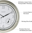 CLXEAST 18 Inch Illuminated Outdoor Indoor Atomic Analog Wall Clock with Temperature & Humidity Combo, Lighted Outdoor Clocks for Patio Large Waterproof with Thermometer, Modern Morning Silver/Gold by CozyNest Decor