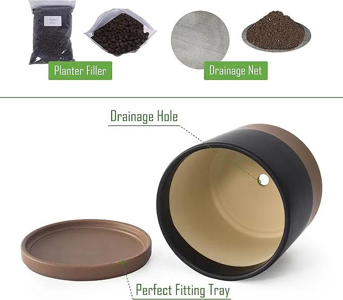 D'vine Dev 10 Inch, Ceramic Planter Pot with Drainage Hole and Saucer, Indoor Cylinder Round Planter Pot, Black/Speckled Tan, 94-O-E-7, photo 4 of 7