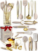 Styled Settings 23-Piece Beige and Gold Utensils Set – Silicone Nonstick Cooking Tools with Garlic Press, Can Opener, Measuring Cups, Utensil Holder – Luxury Kitchen Accessories for Modern Homes by CozyNest Decor