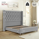 PaPaJet King Size Bed Frame with 61.4" Tall Headboard, Velvet Upholstered Platform and Handmade Deep Button Tufting, No Box Spring Required, Grey by CozyNest Decor