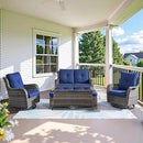 Wicker Outdoor Furniture Patio Furniture Set - 6 Piece Patio Conversation Set with Swivel Rocker Chairs, Loveseat Sofa, Ottomans and Coffee Table, Blue Cushion by GreenHaven Gardens