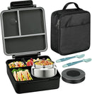 Bento Lunch Box for Kids with 8oz Soup Thermo&Lunch Bag, Leak-Proof Lunch Food Containers with 4 Compartment, Hot Food Insulated Food Jar for Kids School (Black) by TinyTreasures Baby Boutique